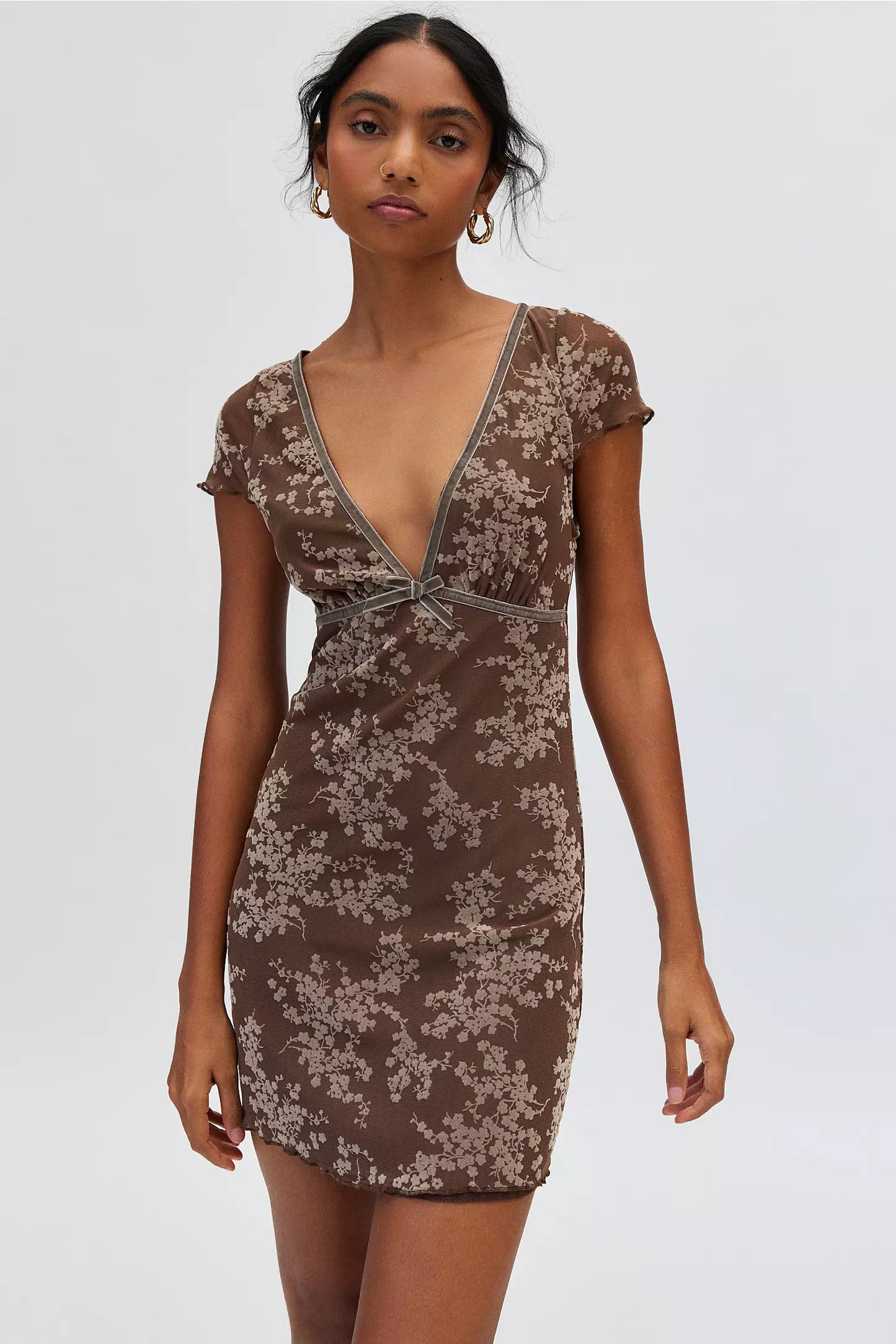 Motel Evilia Floral Mesh Mini Dress – Velvet Trim, Bow Detail, Ruffled Hem