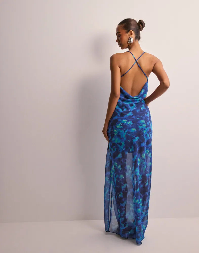 Only Onlzimmer Sisi Strap Maxi Dress – Ocean Blue Print, Open Back, Blue