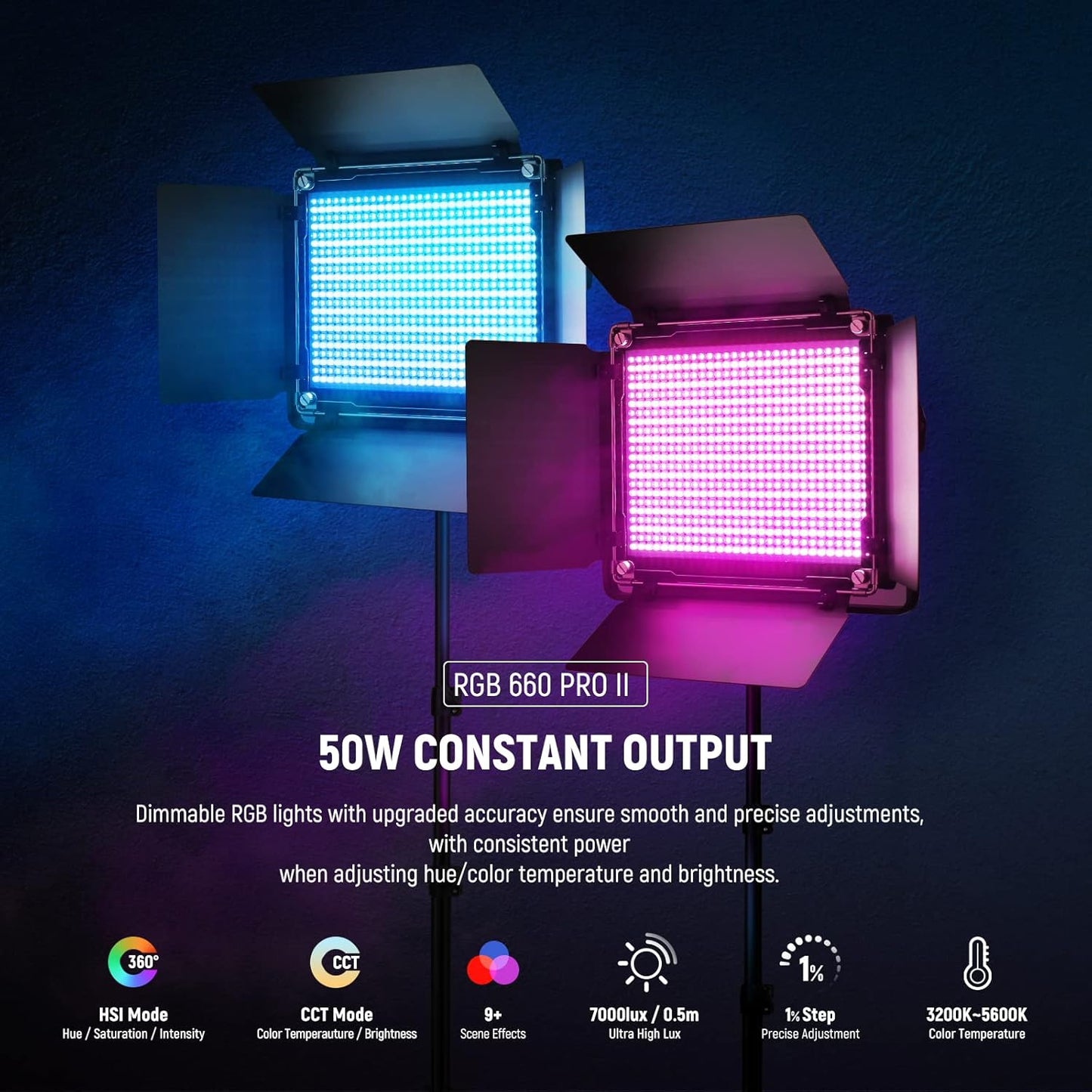 6.6ft RGB LED Video Light Kit for Photography & Events - 2 Lights