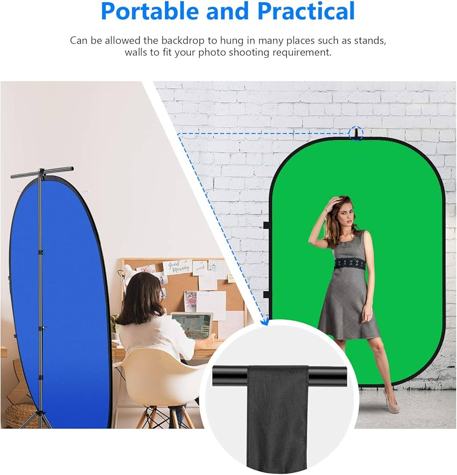 5ft X 7ft Double-Sided Collapsible Green and Blue Backdrop with 8ft Stand and Clamp Kit