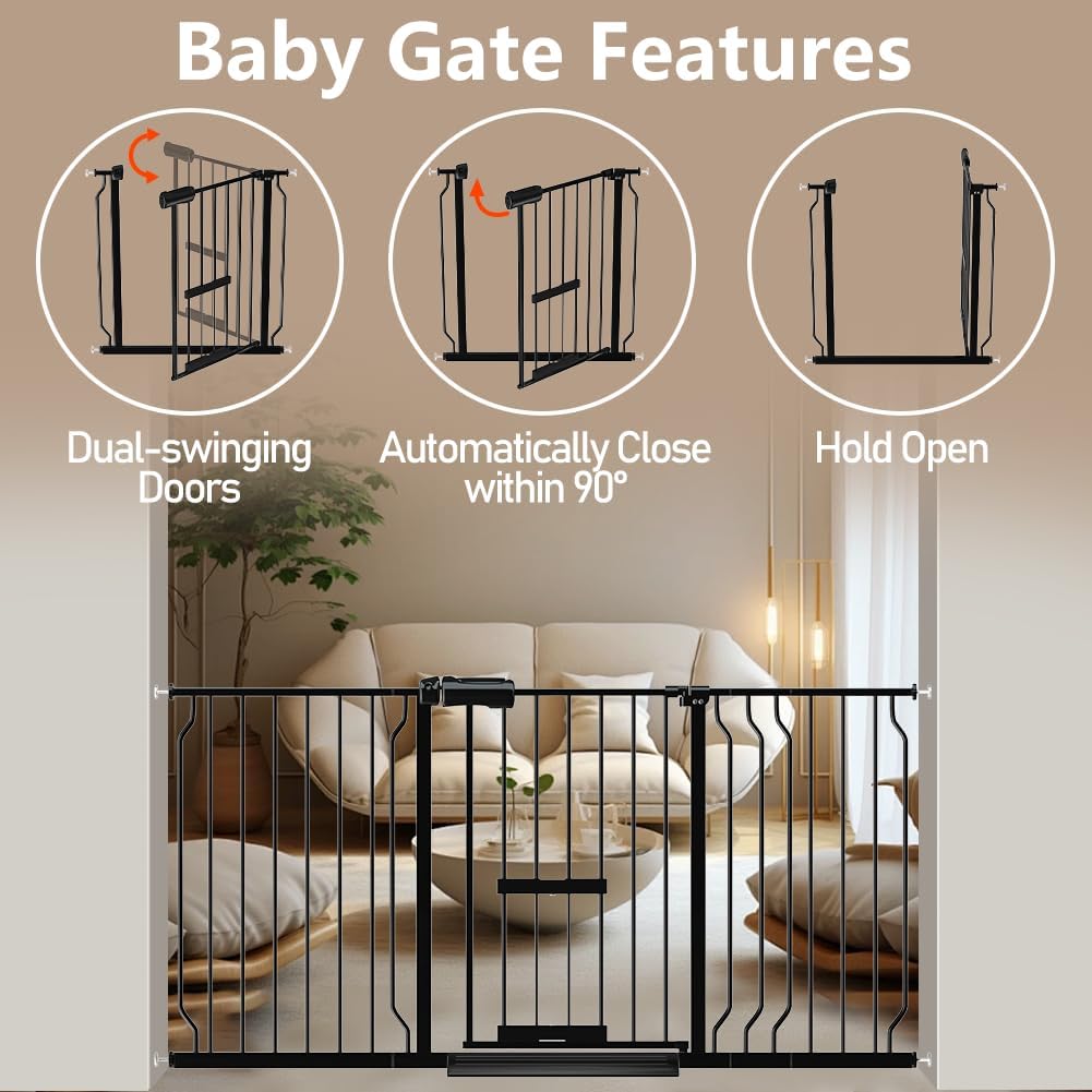 WAOWAO Extra-Wide Baby Safety Gate with Built-In Pet Door – 48–53" Walk-Through, Auto-Close, Pressure Mounted, Double Locking System, Black