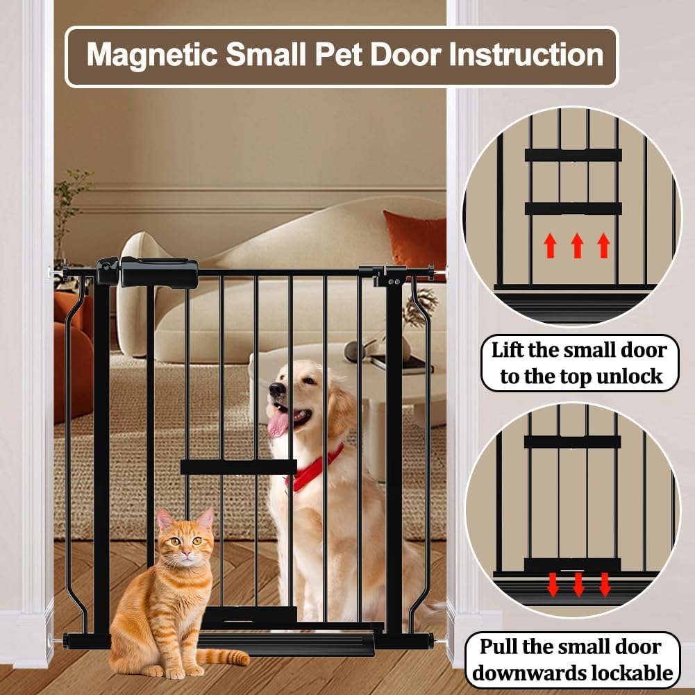 WAOWAO Extra-Wide Baby Safety Gate with Built-In Pet Door – 48–53" Walk-Through, Auto-Close, Pressure Mounted, Double Locking System, Black