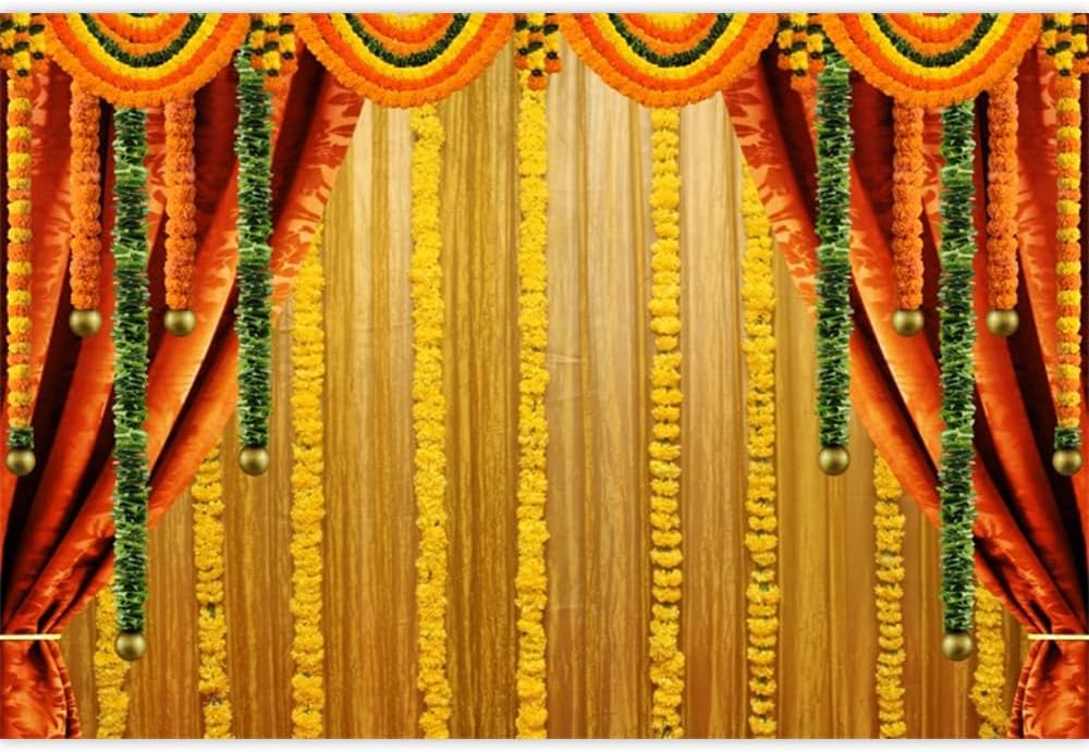 9ft X 6ft Traditional Backdrop with Marigold Garlands for Puja, Weddings, and Festivals