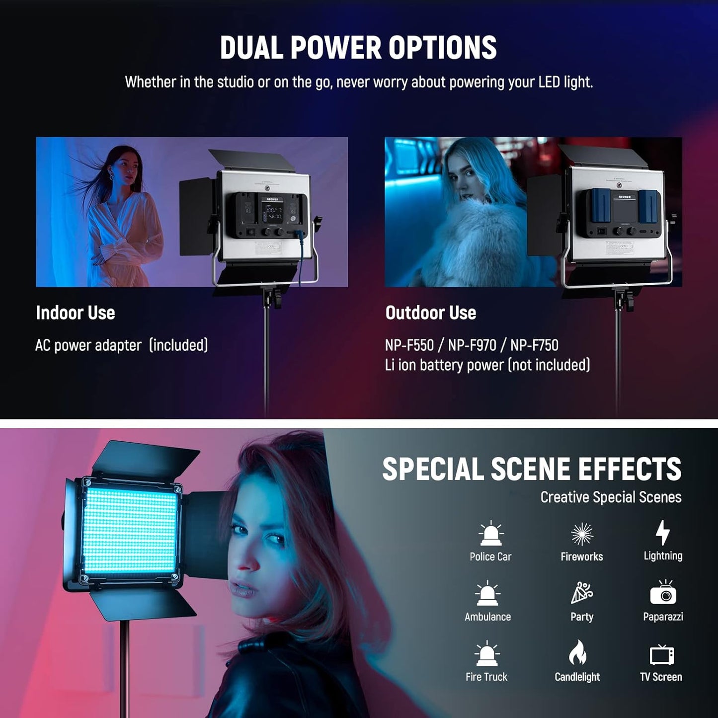 6.6ft RGB LED Video Light Kit for Photography & Events - 2 Lights