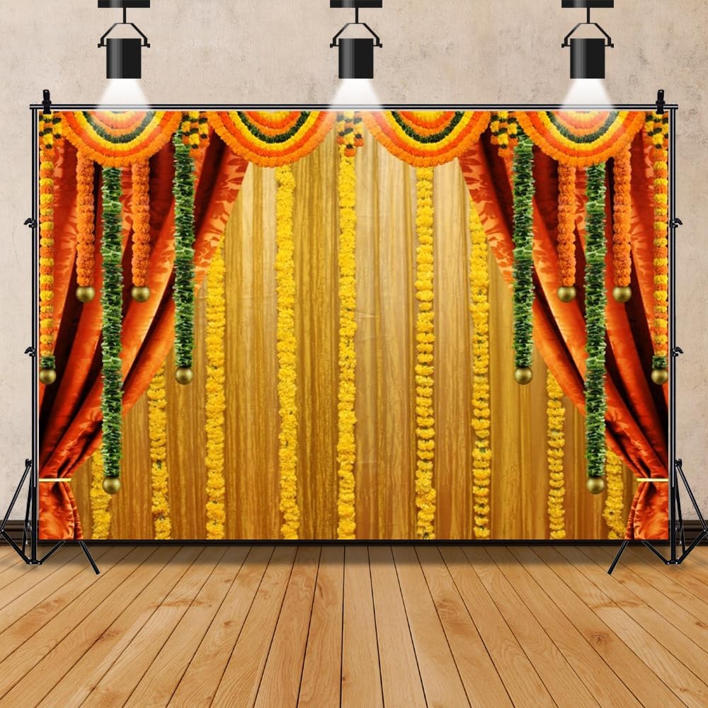 9ft X 6ft Traditional Backdrop with Marigold Garlands for Puja, Weddings, and Festivals