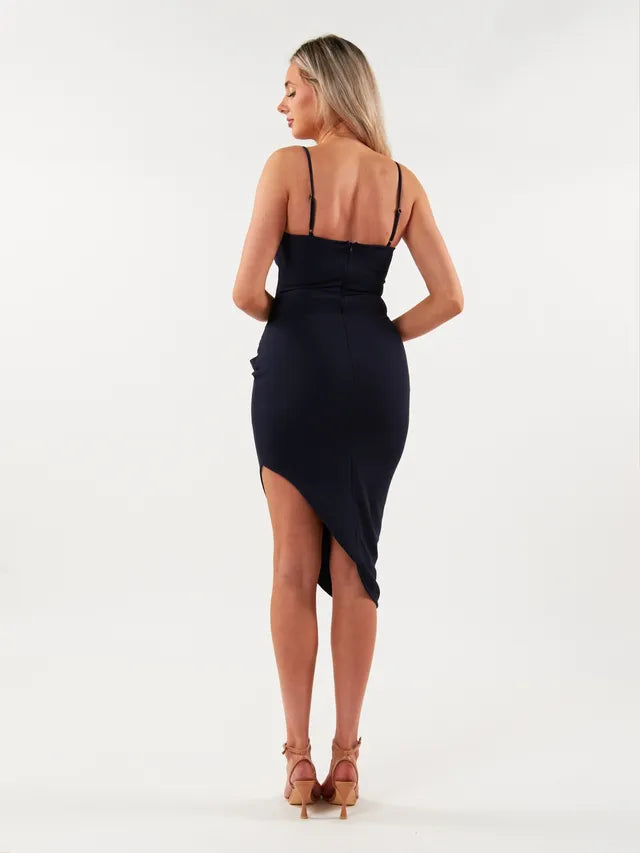Envy+Grace Vintage Square Neck Cinch Midi Dress - Navy