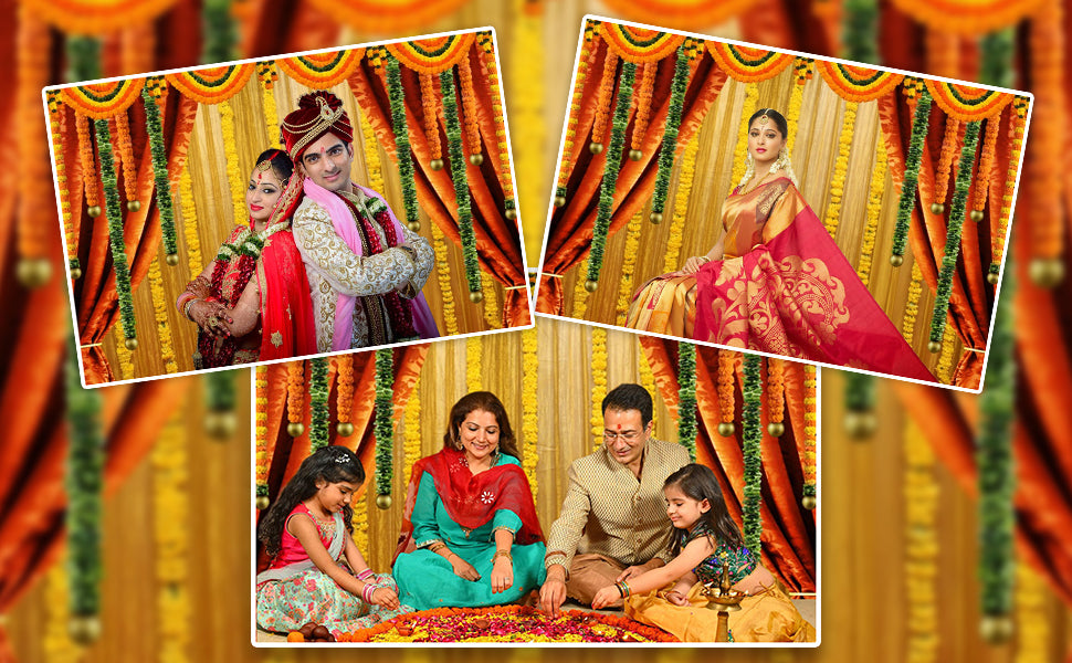 9ft X 6ft Traditional Backdrop with Marigold Garlands for Puja, Weddings, and Festivals