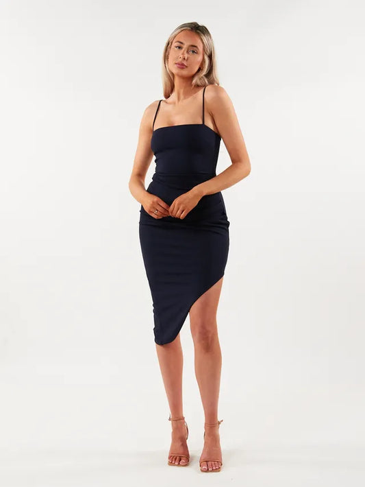 Envy+Grace Vintage Square Neck Cinch Midi Dress - Navy