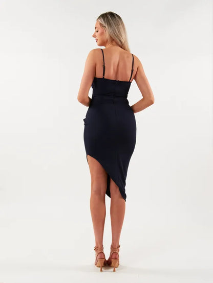 Envy+Grace Vintage Square Neck Cinch Midi Dress - Navy